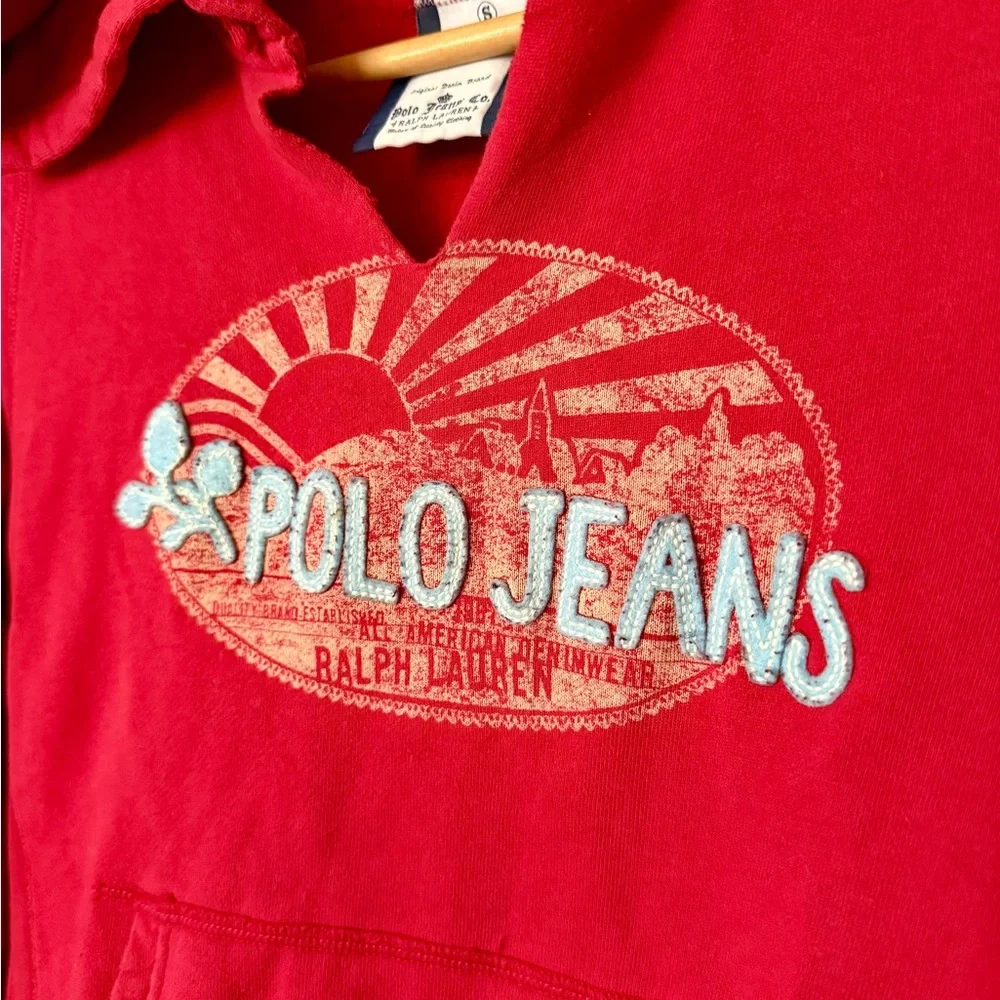 Ralph Lauren Polo Jeans Red Hooded Pullover Sweatshirt Y2K Women Junior Crop - Picture 2 of 6